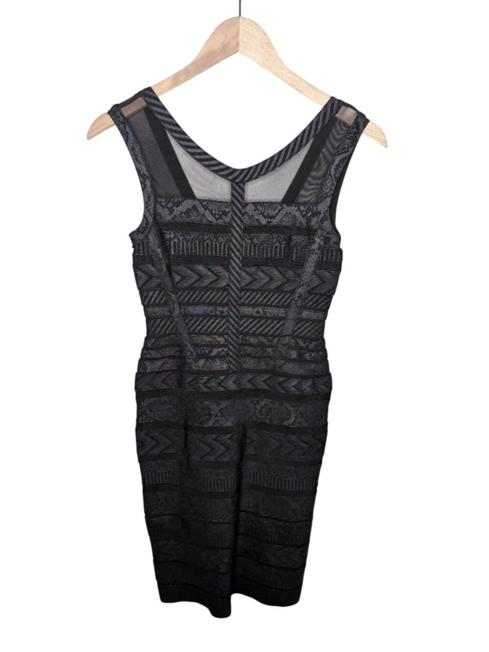 Herve Leger Black Bodycon Dress Sheer Panels Geometric Pattern Size M/L